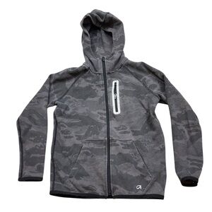 Boys‎ Gap Fit Dry Dotted Black and Grey Camo Zip Up Lightweight Hooded Jacket M